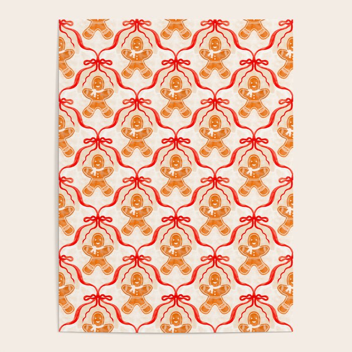 Festive Gingerbread Men and Red Bows Christmas Pattern Poster Gallery Image 1