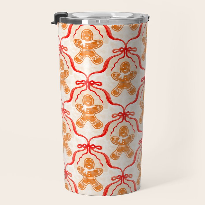 Festive Gingerbread Men and Red Bows Christmas Pattern Travel Mug Gallery Image 3