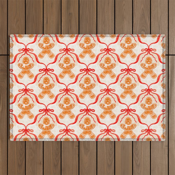 Festive Gingerbread Men and Red Bows Christmas Pattern Outdoor Rug Gallery Image 1