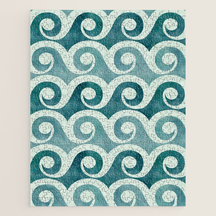 Vintage Waves Tropical Teal Geometric Pattern Jigsaw Puzzle Gallery Image 1