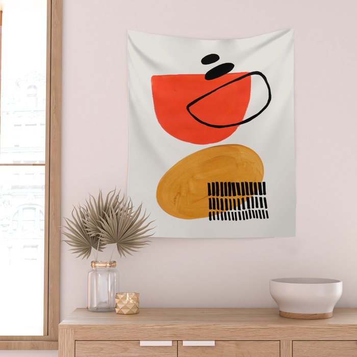 Orbital Fusion Yellow Orange Retro Mid Century Funky Fun Shapes Pattern by Ejaaz Haniff Wall Tapestry Gallery Image 2