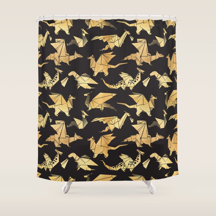 Origami metallic dragon friends // black background golden fantasy animals Shower Curtain Gallery Image 1