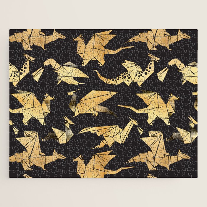 Origami metallic dragon friends // black background golden fantasy animals Jigsaw Puzzle Gallery Image 1