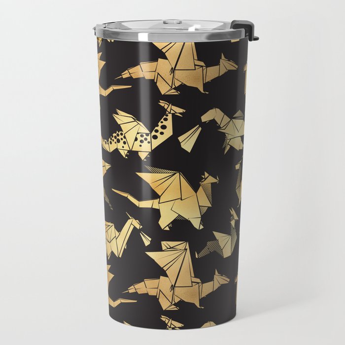 Origami metallic dragon friends // black background golden fantasy animals Travel Mug Gallery Image 2