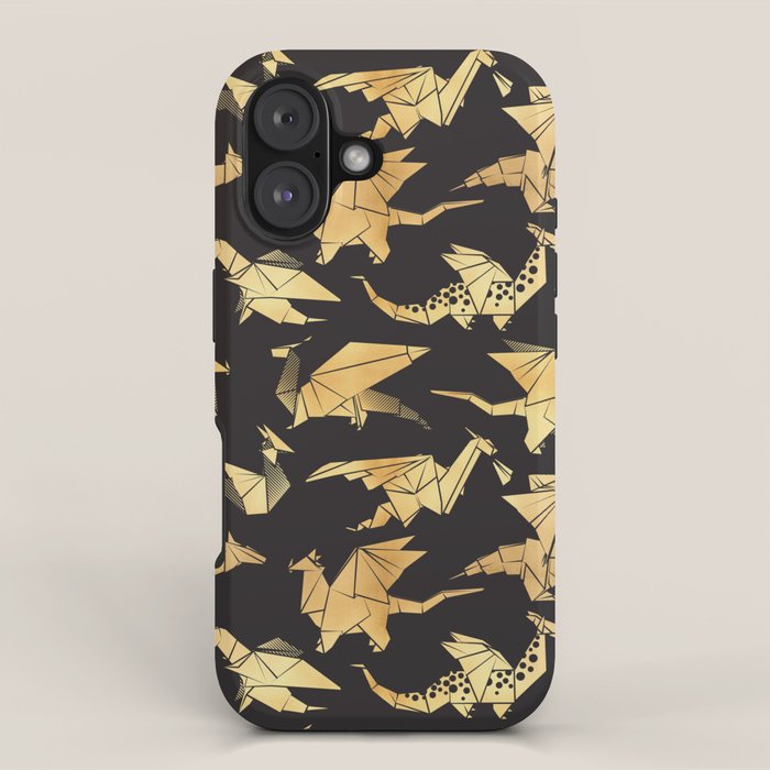 Origami metallic dragon friends // black background golden fantasy animals iPhone Case Gallery Image 1