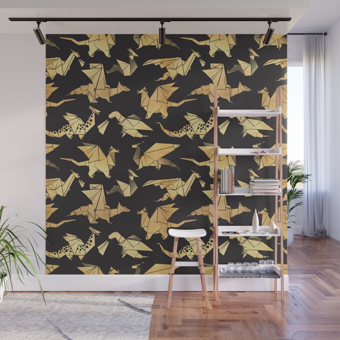 Origami metallic dragon friends // black background golden fantasy animals Wall Mural Gallery Image 1