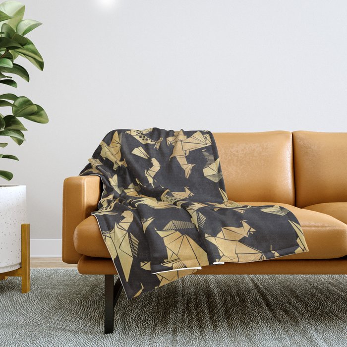 Origami metallic dragon friends // black background golden fantasy animals Throw Blanket Gallery Image 1