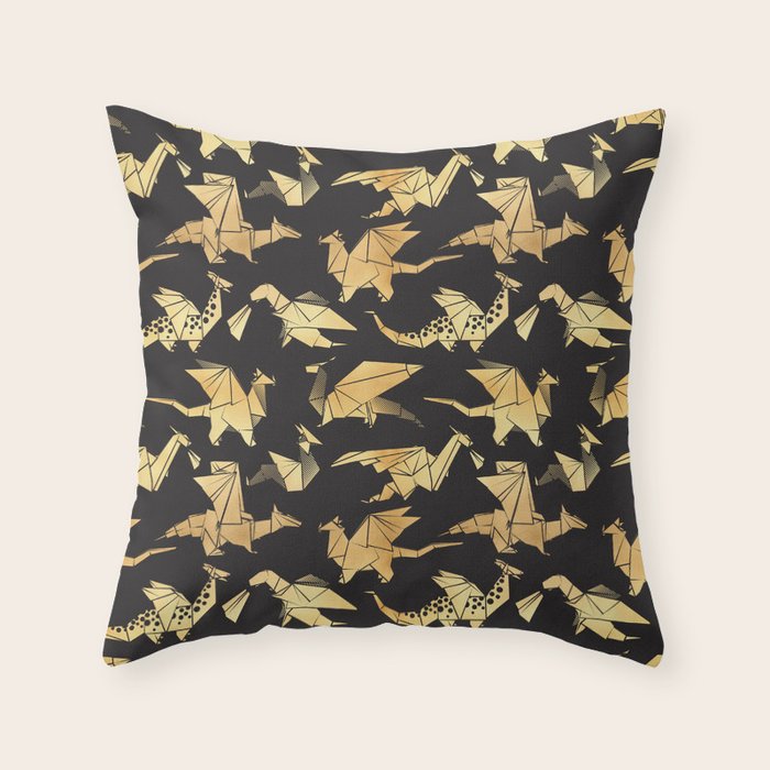 Origami metallic dragon friends // black background golden fantasy animals Throw Pillow Gallery Image 6