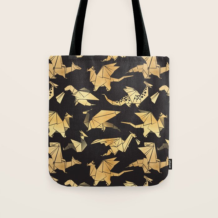 Origami metallic dragon friends // black background golden fantasy animals Tote Bag Gallery Image 1