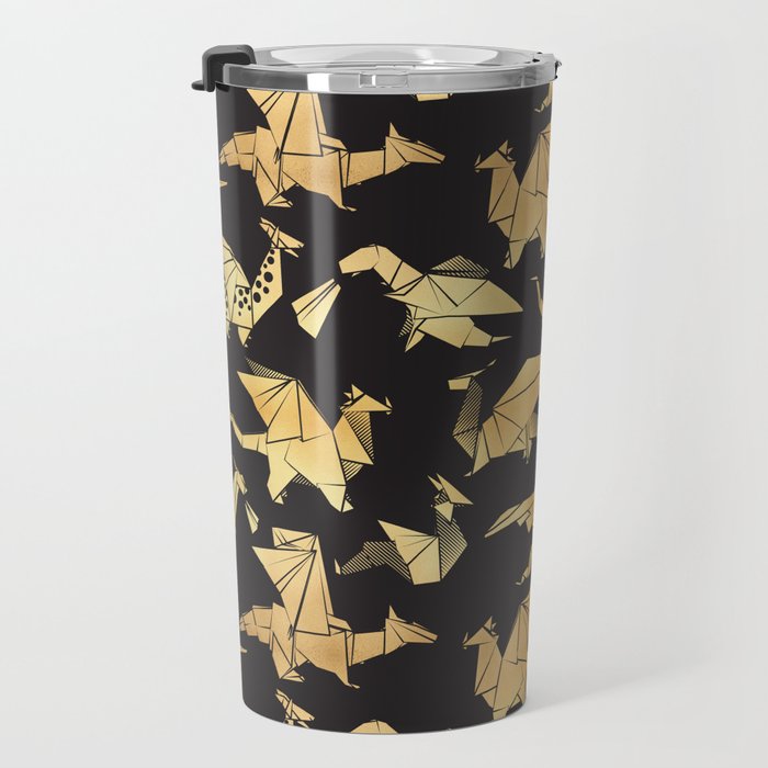 Origami metallic dragon friends // black background golden fantasy animals Travel Mug Gallery Image 3