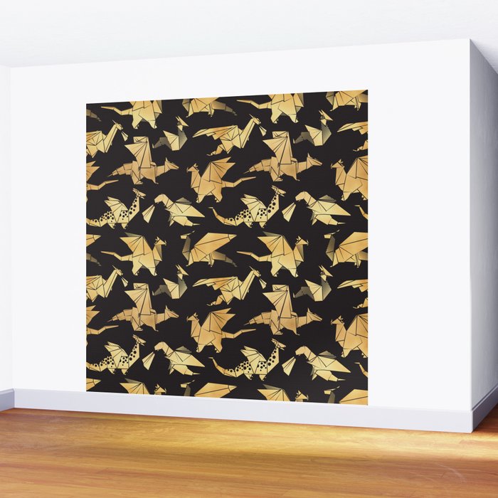 Origami metallic dragon friends // black background golden fantasy animals Wall Mural Gallery Image 2