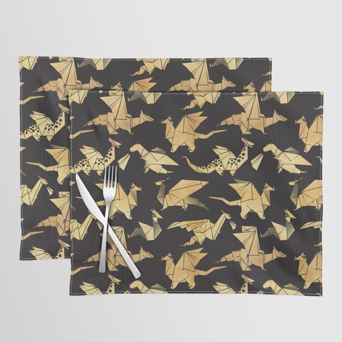 Origami metallic dragon friends // black background golden fantasy animals Placemat Gallery Image 1
