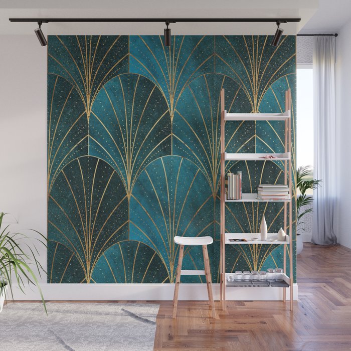 Art Deco Waterfalls // Ombre Teal Wall Mural Gallery Image 1