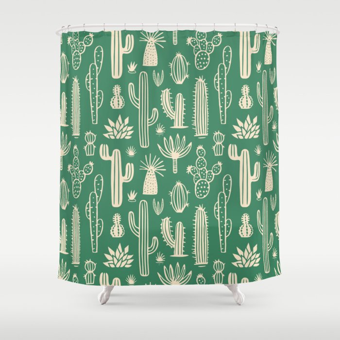 Retro hand drawn cactus plant pattern Shower Curtain Gallery Image 1