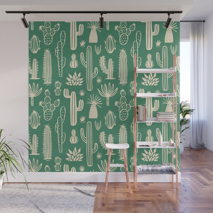 Retro hand drawn cactus plant pattern Wall Mural Gallery Image 1