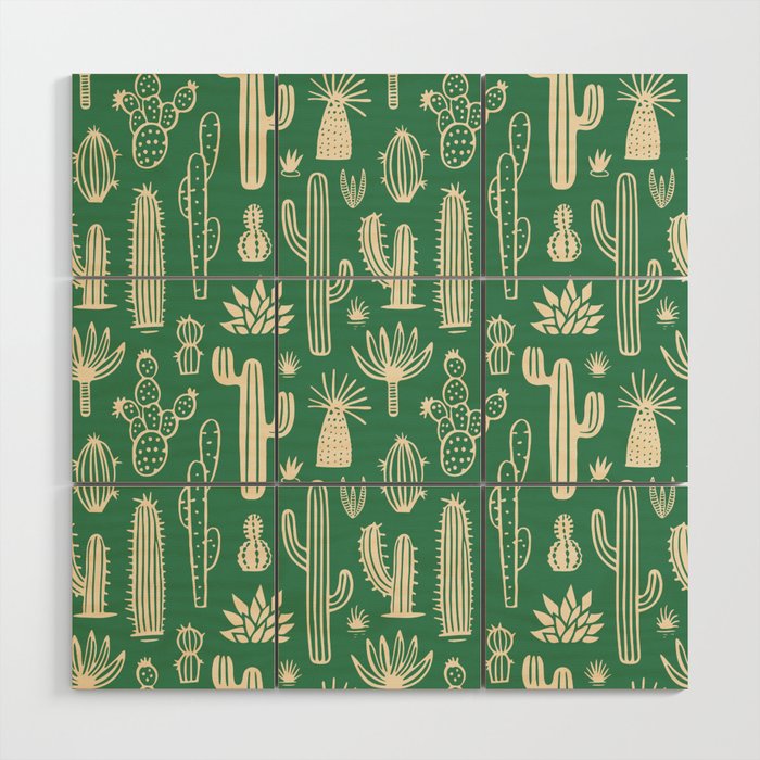 Retro hand drawn cactus plant pattern Wood Wall Art Gallery Image 1