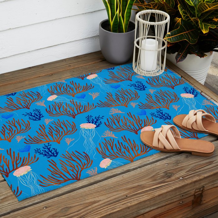 Jellyfish and Coral-Blue Outdoor Rug Gallery Image 2