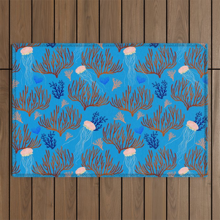 Jellyfish and Coral-Blue Outdoor Rug Gallery Image 1