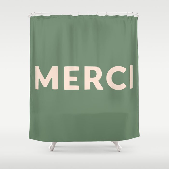 Merci French Retro Hand Lettering Shower Curtain Gallery Image 1