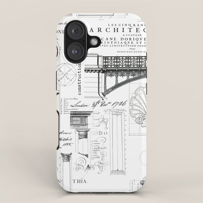 Industrial Charm Vintage Blueprint Details And Typography Black And White iPhone Case Gallery Image 1
