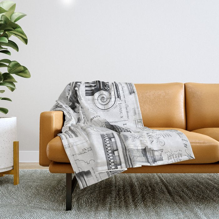 Industrial Charm Vintage Blueprint Details And Typography Black And White Throw Blanket Gallery Image 1
