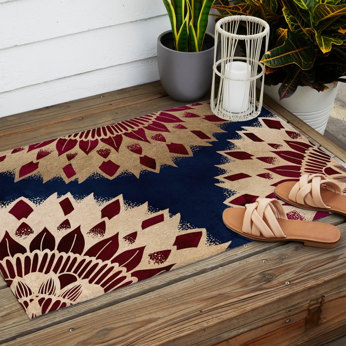 Bohemian Gold Navy Burgundy Hand Drawn Mandala Outdoor Rug Gallery Image 2