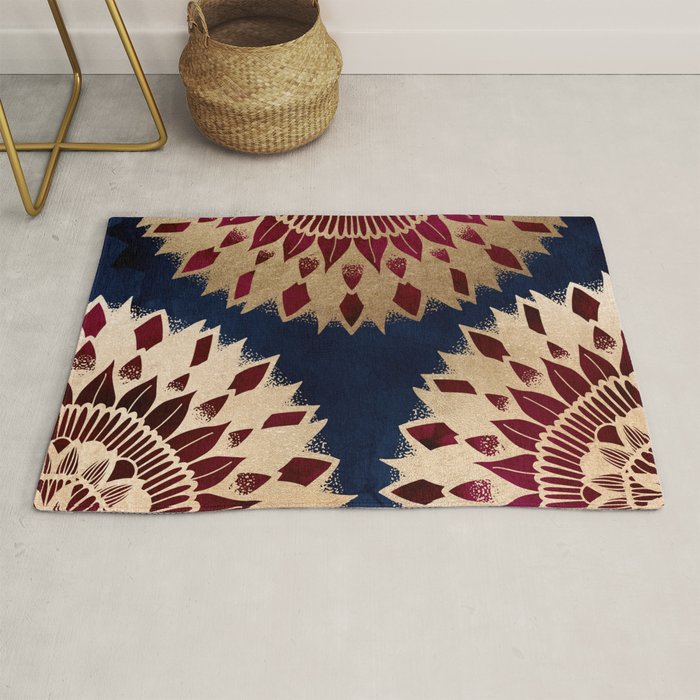 Bohemian Gold Navy Burgundy Hand Drawn Mandala Rug Gallery Image 1