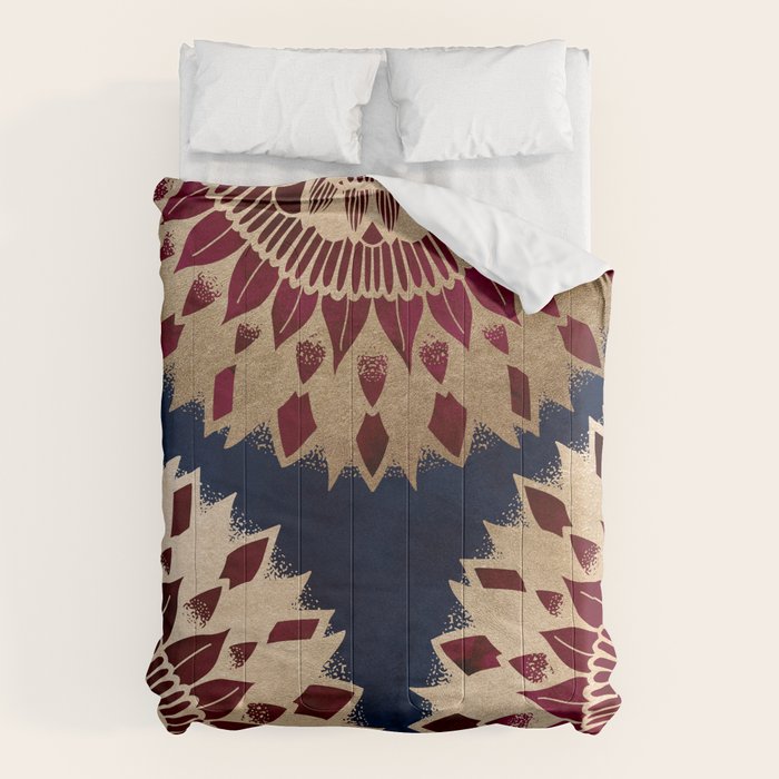 Bohemian Gold Navy Burgundy Hand Drawn Mandala Comforter Gallery Image 6