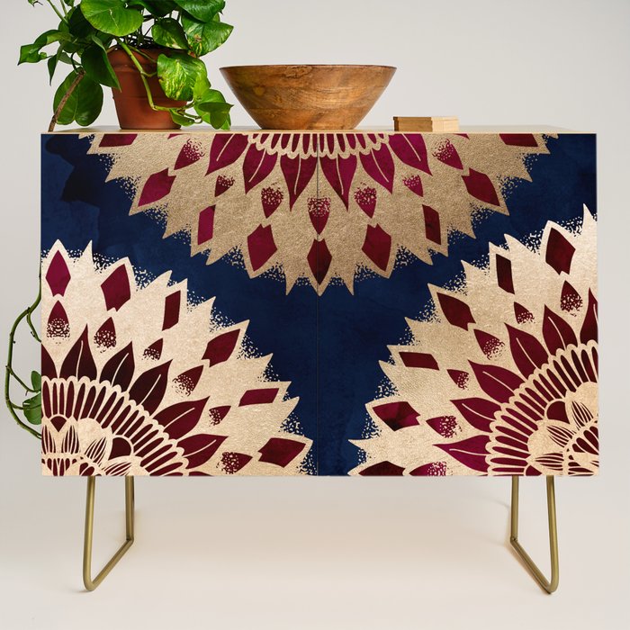 Bohemian Gold Navy Burgundy Hand Drawn Mandala Credenza Gallery Image 1