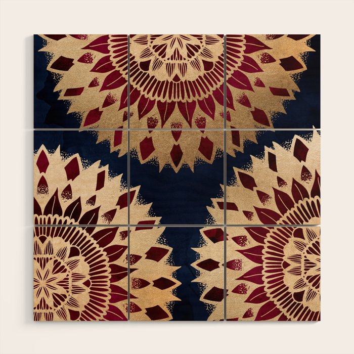 Bohemian Gold Navy Burgundy Hand Drawn Mandala Wood Wall Art Gallery Image 1