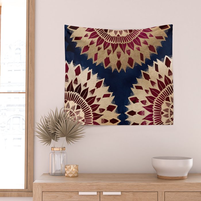 Bohemian Gold Navy Burgundy Hand Drawn Mandala Wall Tapestry Gallery Image 2