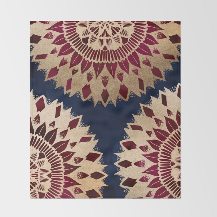 Bohemian Gold Navy Burgundy Hand Drawn Mandala Throw Blanket Gallery Image 2