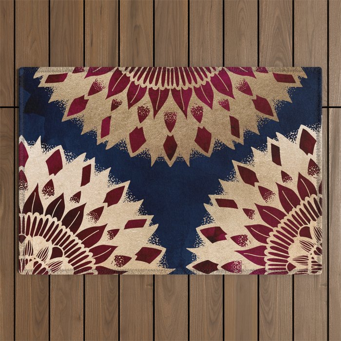 Bohemian Gold Navy Burgundy Hand Drawn Mandala Outdoor Rug Gallery Image 1