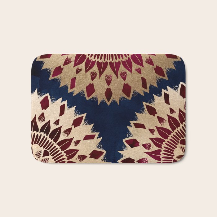 Bohemian Gold Navy Burgundy Hand Drawn Mandala Bath Mat Gallery Image 1