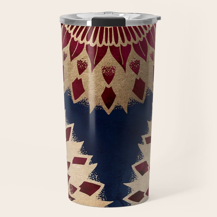 Bohemian Gold Navy Burgundy Hand Drawn Mandala Travel Mug Gallery Image 1