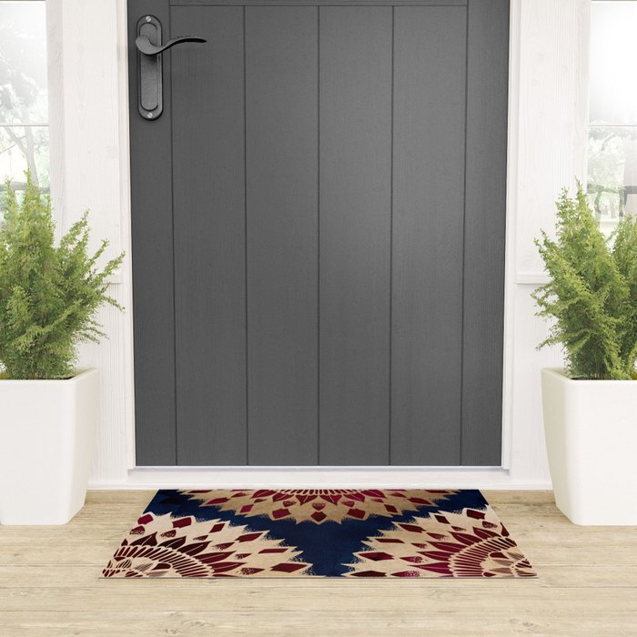 Bohemian Gold Navy Burgundy Hand Drawn Mandala Welcome Mat Gallery Image 3