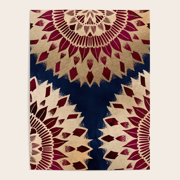 Bohemian Gold Navy Burgundy Hand Drawn Mandala Poster Gallery Image 4