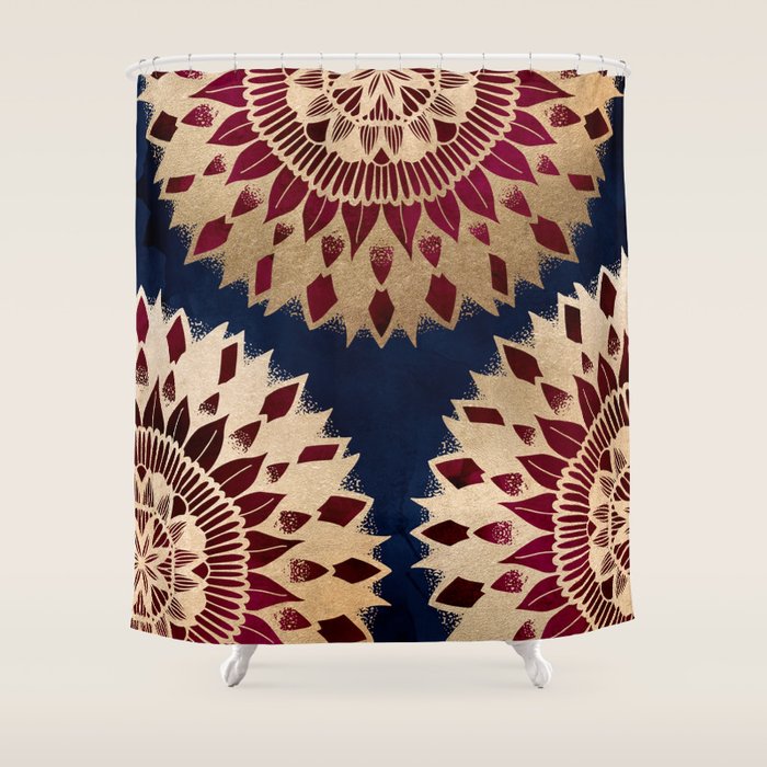 Bohemian Gold Navy Burgundy Hand Drawn Mandala Shower Curtain Gallery Image 1