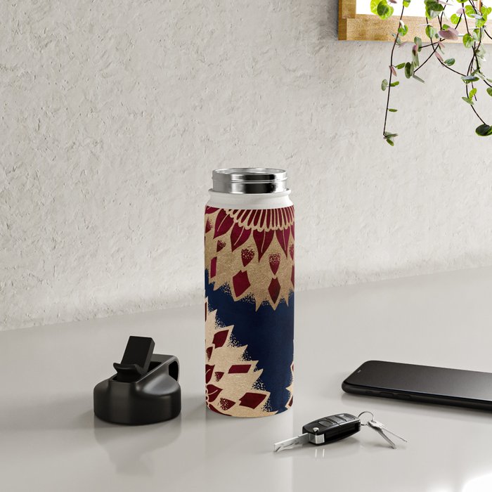 Bohemian Gold Navy Burgundy Hand Drawn Mandala Water Bottle Gallery Image 4