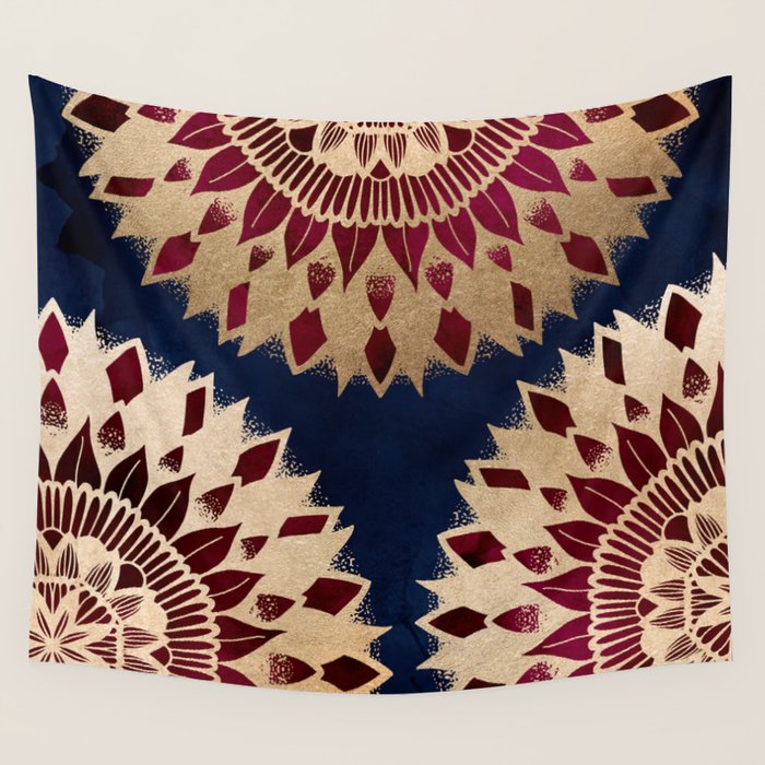 Bohemian Gold Navy Burgundy Hand Drawn Mandala Wall Tapestry Gallery Image 1
