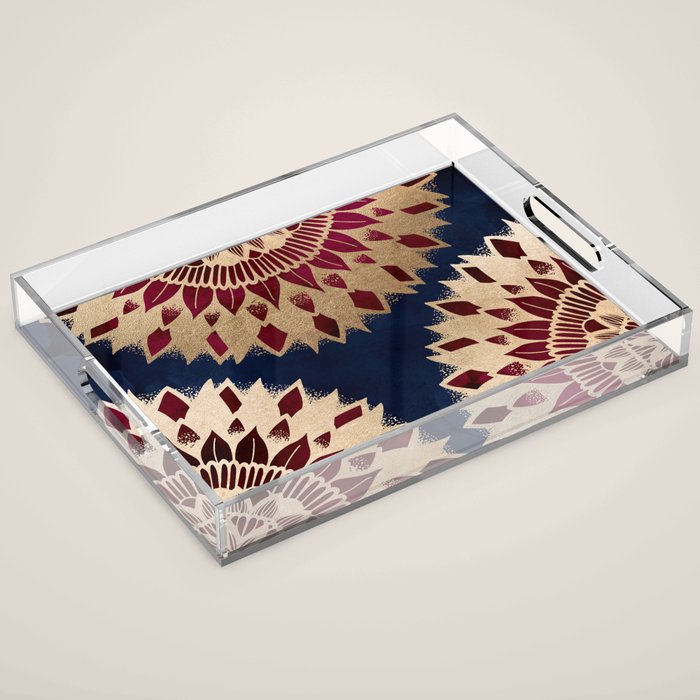 Bohemian Gold Navy Burgundy Hand Drawn Mandala Acrylic Tray Gallery Image 1