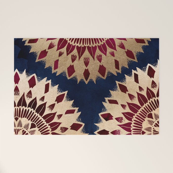 Bohemian Gold Navy Burgundy Hand Drawn Mandala Welcome Mat Gallery Image 1