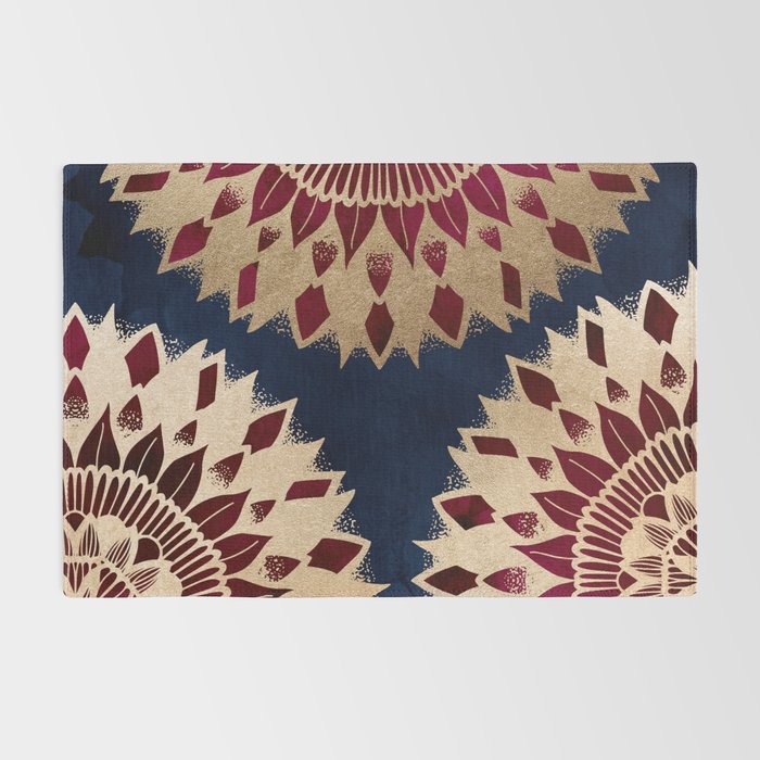 Bohemian Gold Navy Burgundy Hand Drawn Mandala Rug Gallery Image 2