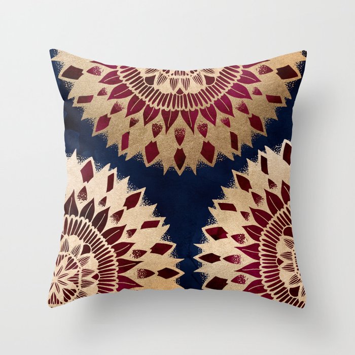 Bohemian Gold Navy Burgundy Hand Drawn Mandala Throw Pillow Gallery Image 1