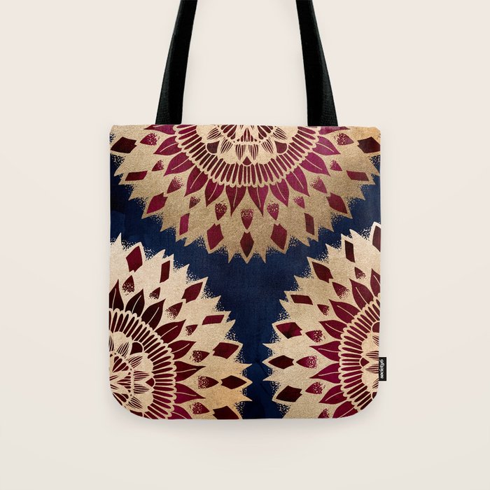 Bohemian Gold Navy Burgundy Hand Drawn Mandala Tote Bag Gallery Image 1