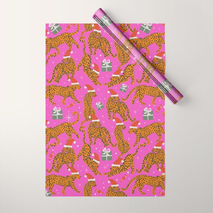 Fashionable cats with Christmas hats and gifts in fuchsia pink background  Wrapping Paper Gallery Image 1