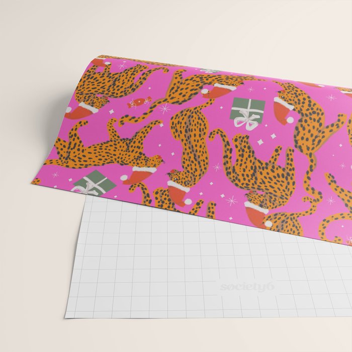 Fashionable cats with Christmas hats and gifts in fuchsia pink background  Wrapping Paper Gallery Image 2