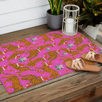 Fashionable cats with Christmas hats and gifts in fuchsia pink background  Outdoor Rug Gallery Image 2