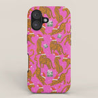 Fashionable cats with Christmas hats and gifts in fuchsia pink background  iPhone Case Gallery Image 1
