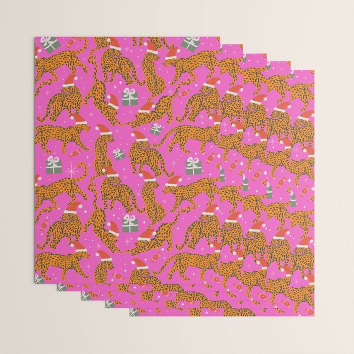Fashionable cats with Christmas hats and gifts in fuchsia pink background  Wrapping Paper Gallery Image 3